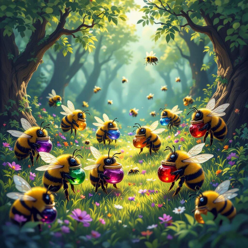 Fantasy Bees With Jewel-Toned Honey In Mystical Forest