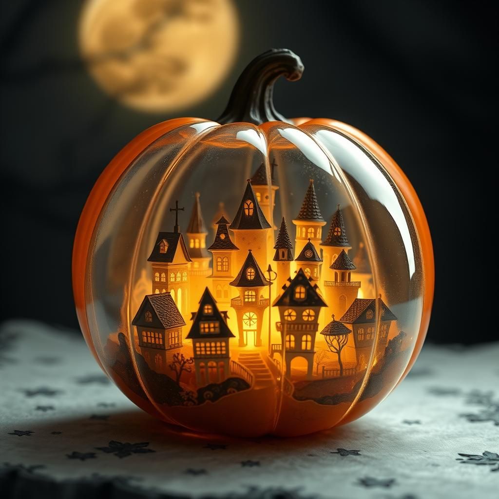 Ethereal Haunted Houses in Glass Pumpkin, Romantic Style