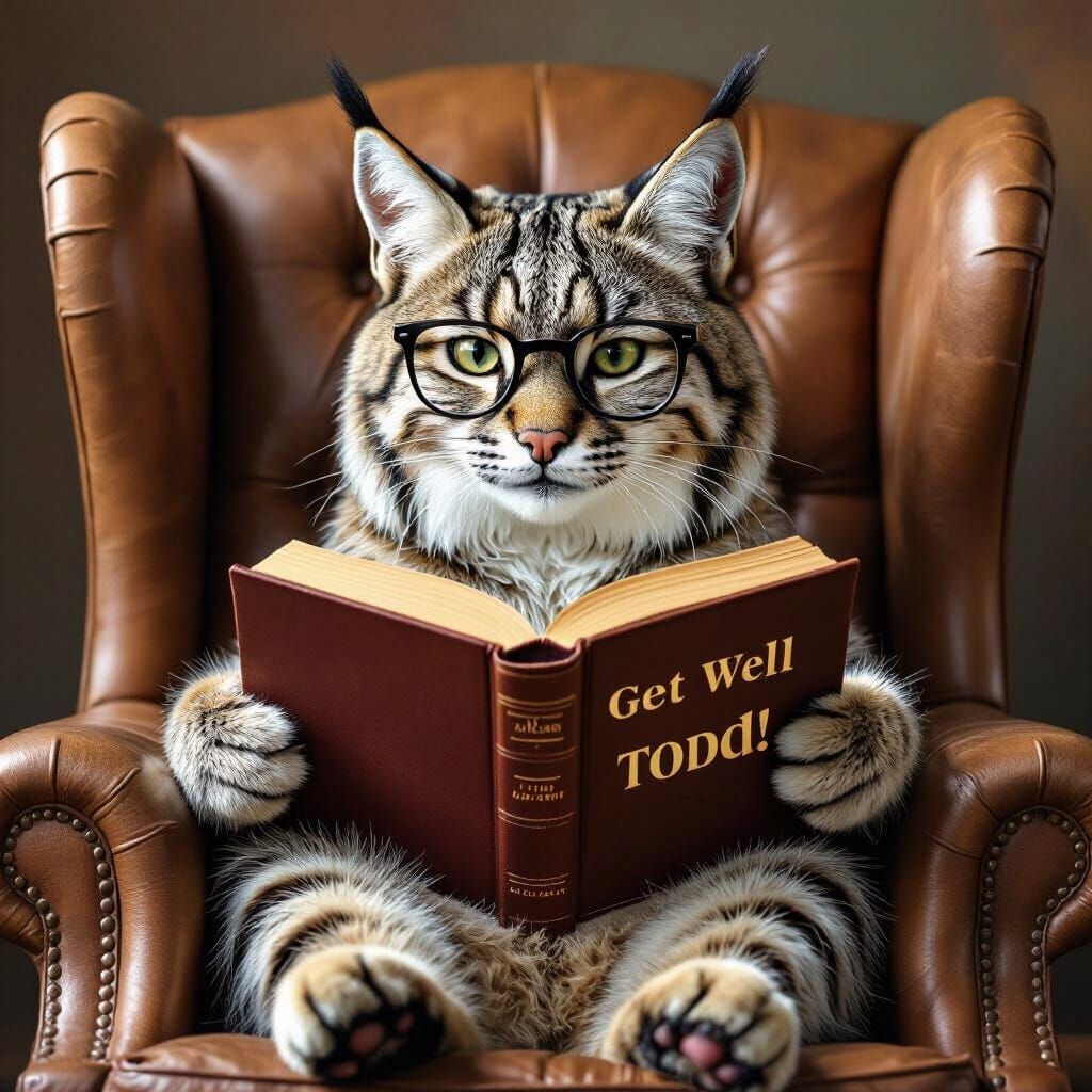 Bobcat Reader in Wingback Chair, Photorealistic Style