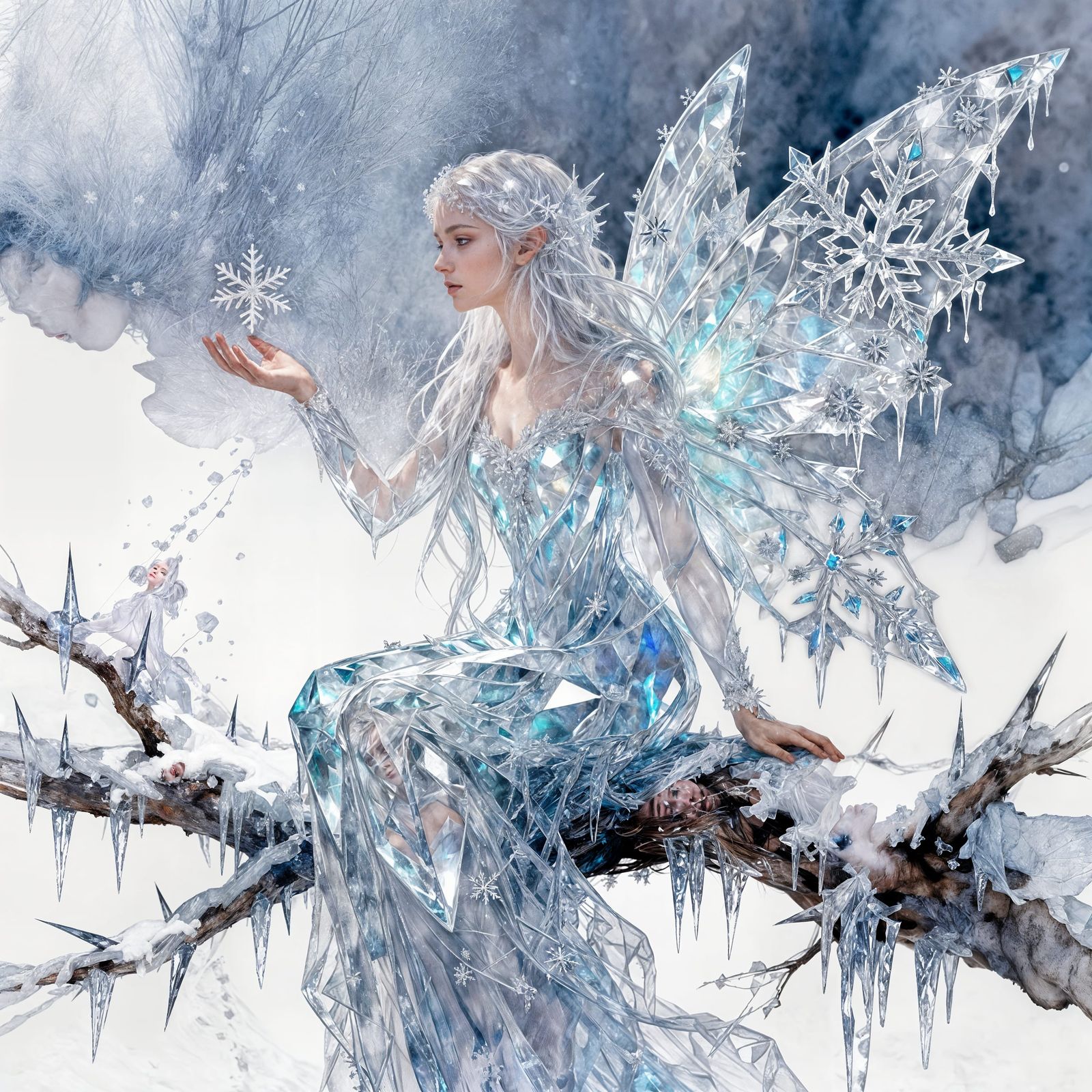 Ethereal Ice Fairy Holding Snowflake in Winter Scene