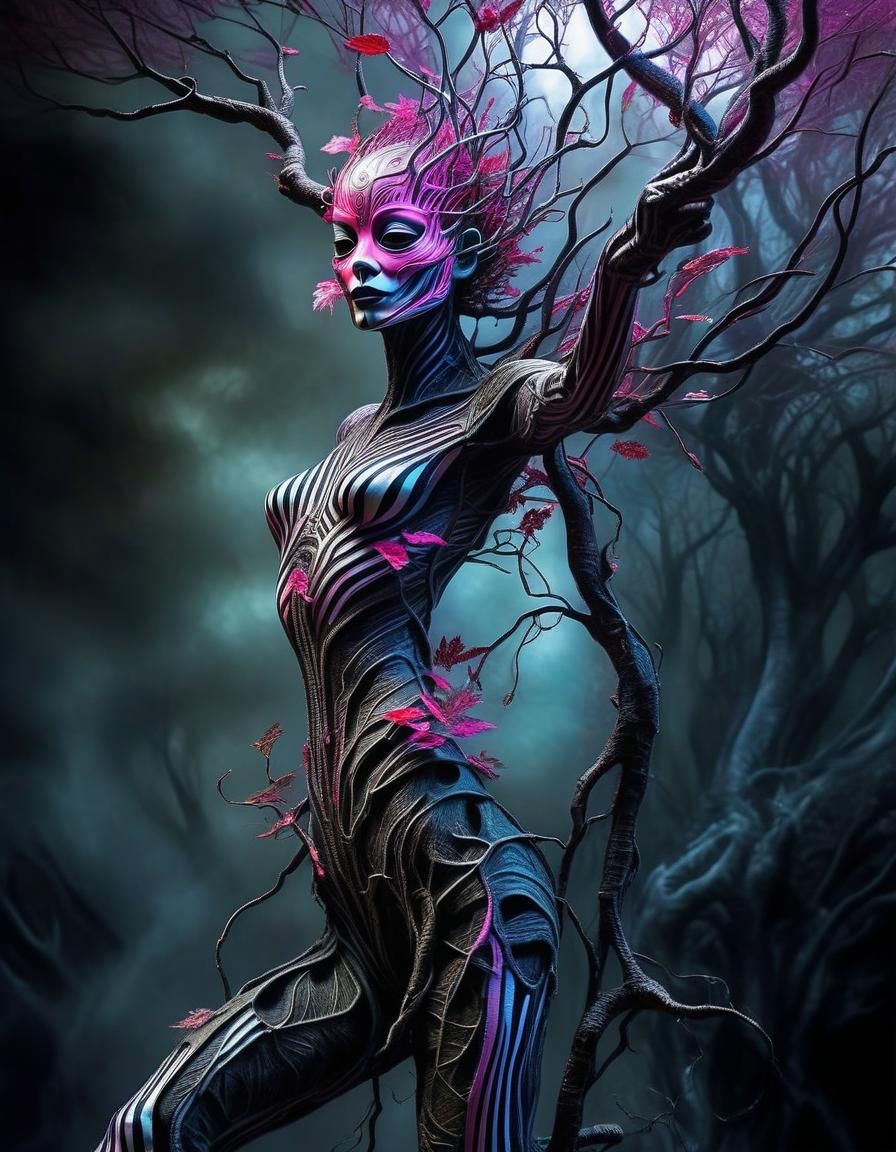 Giger-esque Anthropomorphic Tree Hybrid with Pink Leaves