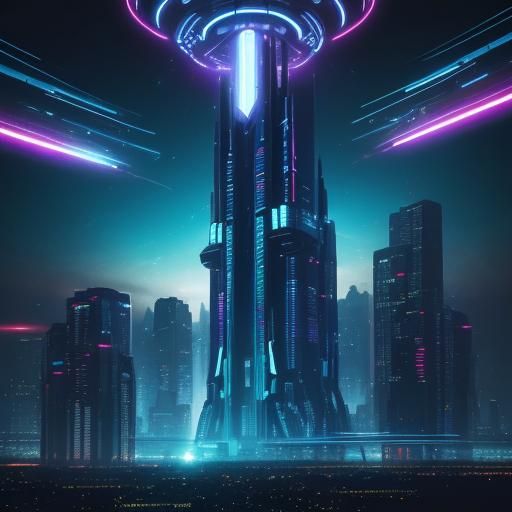 Futuristic Spaceship Hovering Over Neon Cityscape