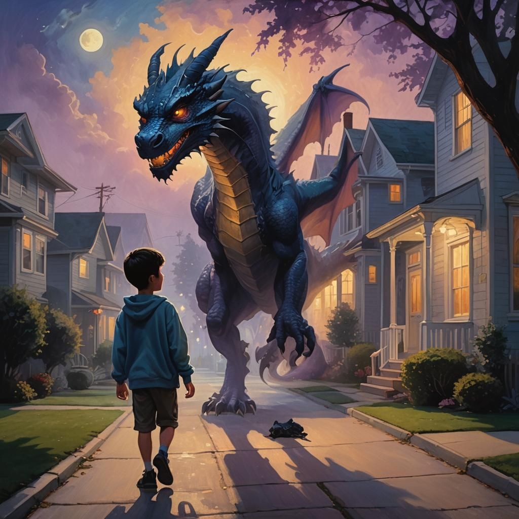 Dragon's Shadow Looms Over Boy, Ethereal Oil Painting