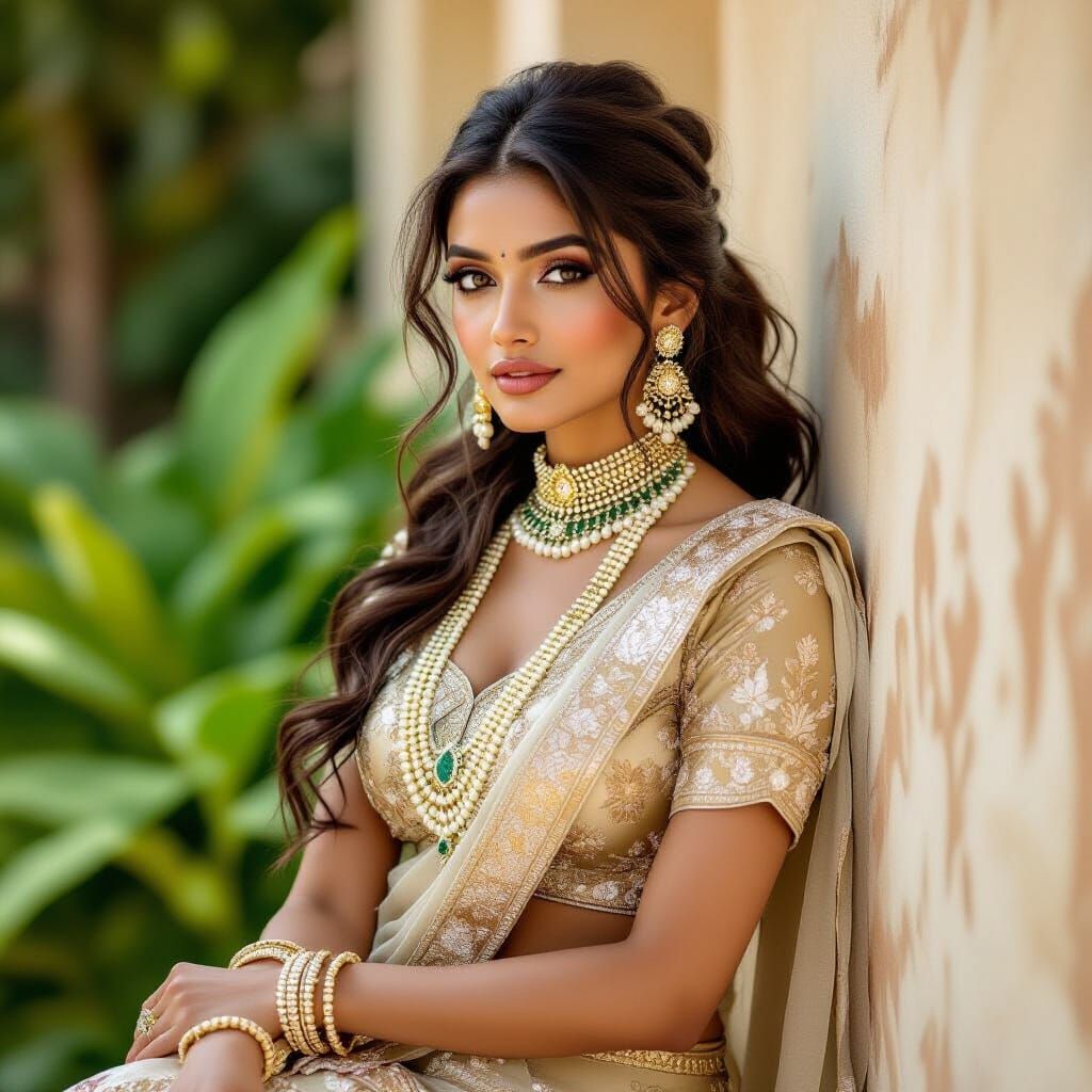 Malaysian Woman in Golden Lehenga, Art Nouveau Style