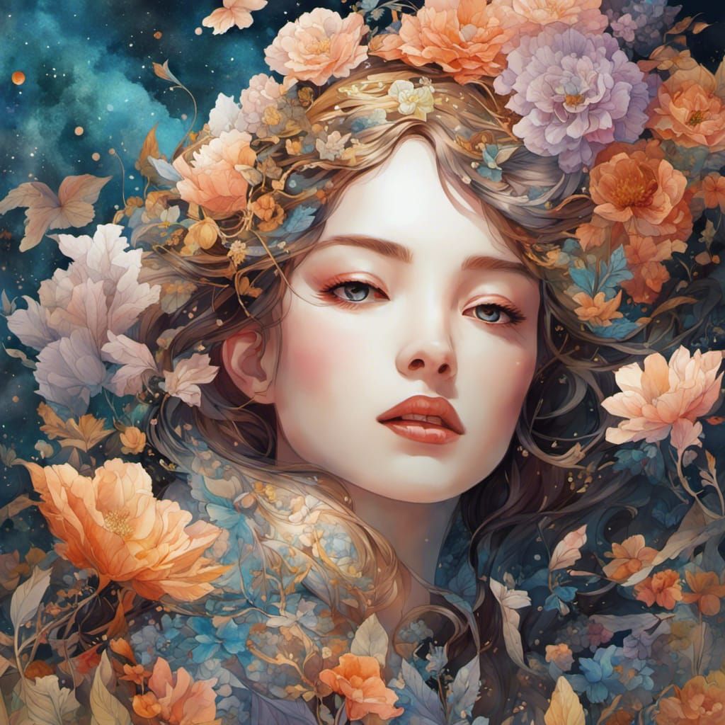 Dreamlike Watercolor: Woman Surrounded by Flowers