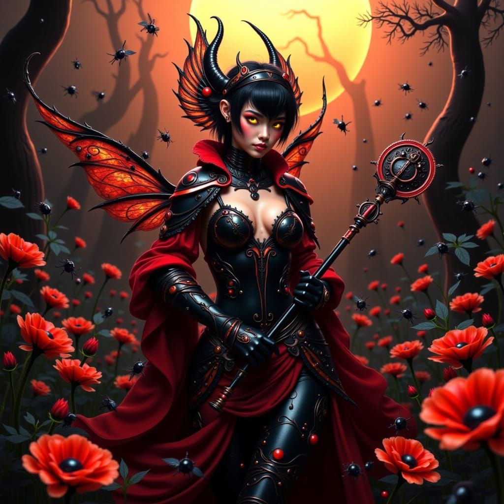 Ladybug Queen in Metallic Armor with Gothic Scepter