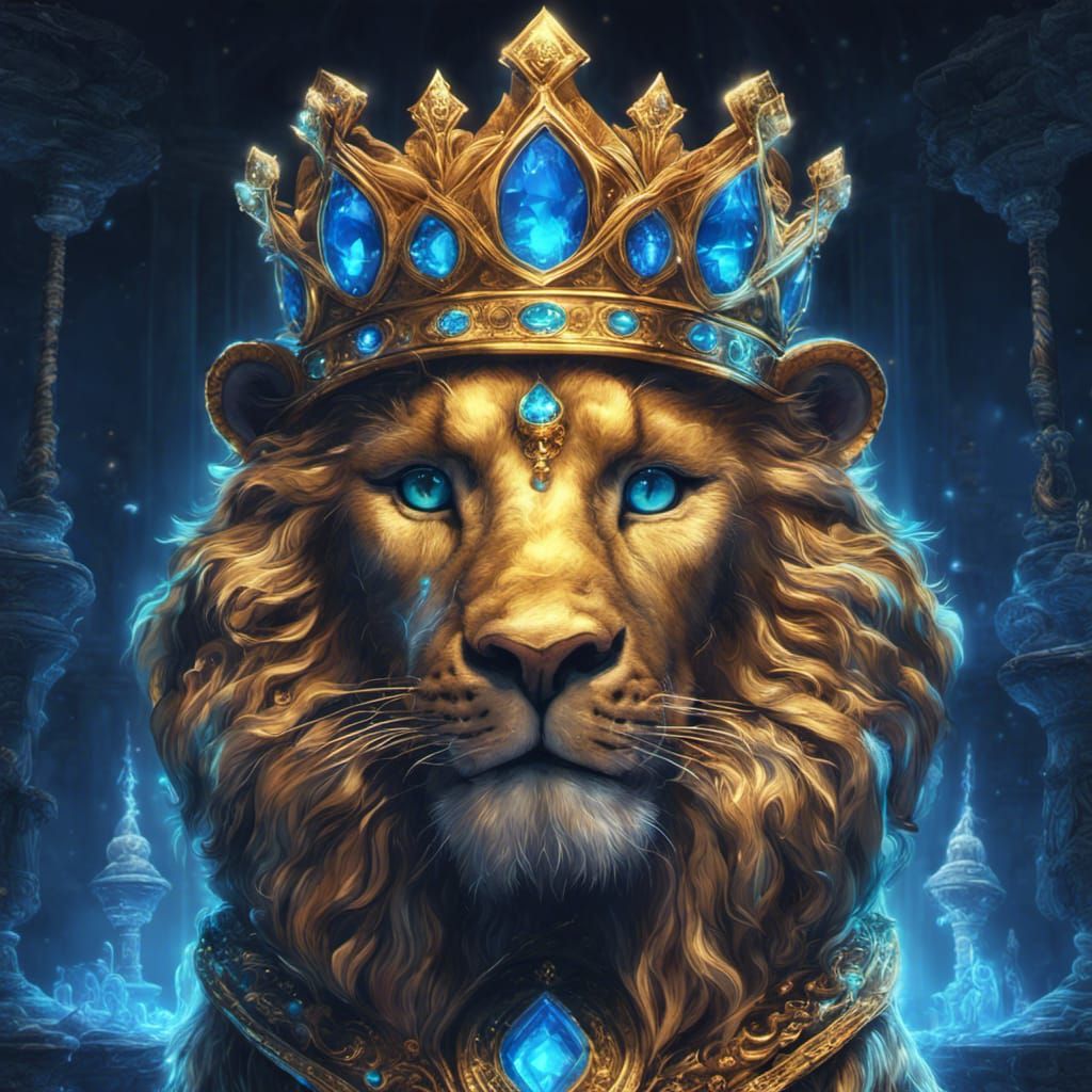 Lion with Crown and Kitten in Detailed Digital Art