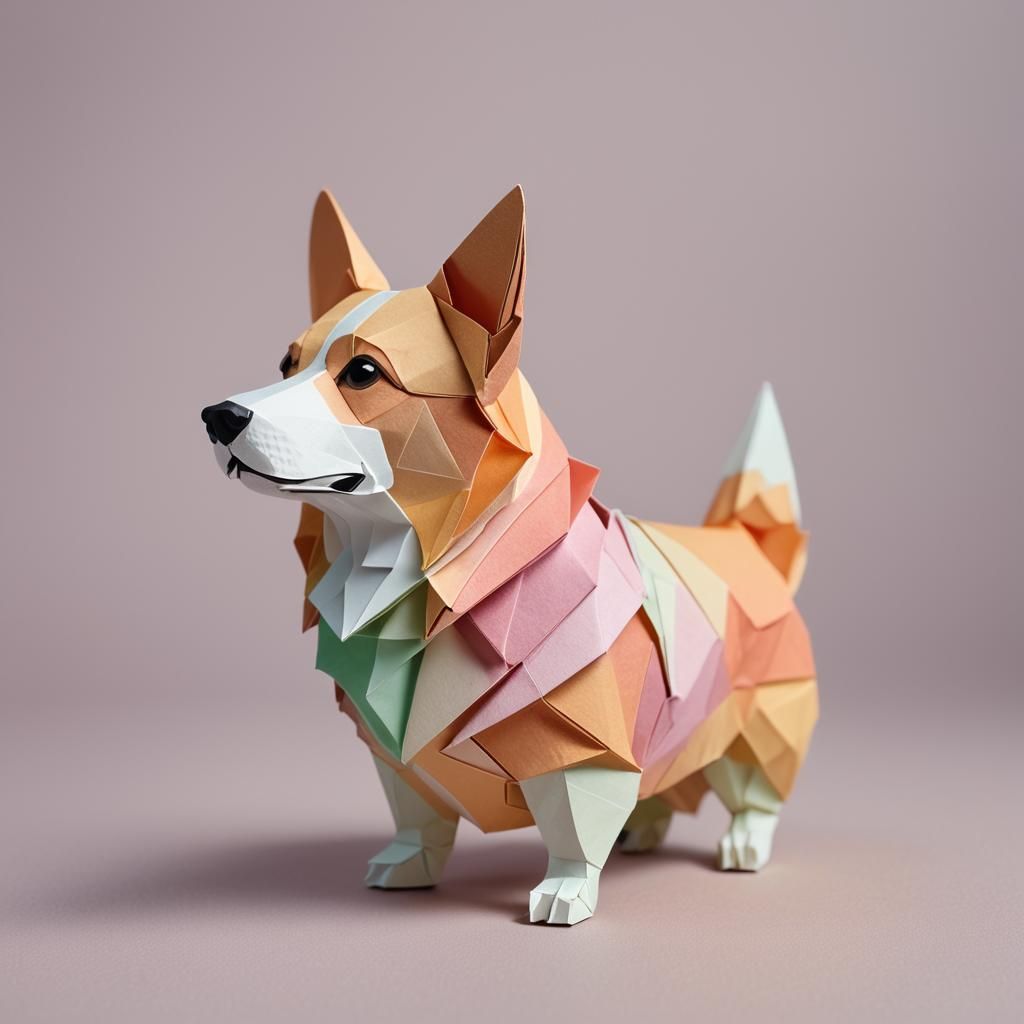 Origami Corgi Papercraft Close-up in Pastel Colors
