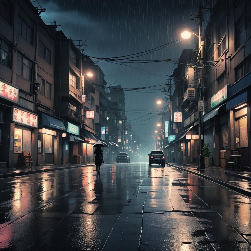 Noir Anime Street Scene with Rain and Moonlight