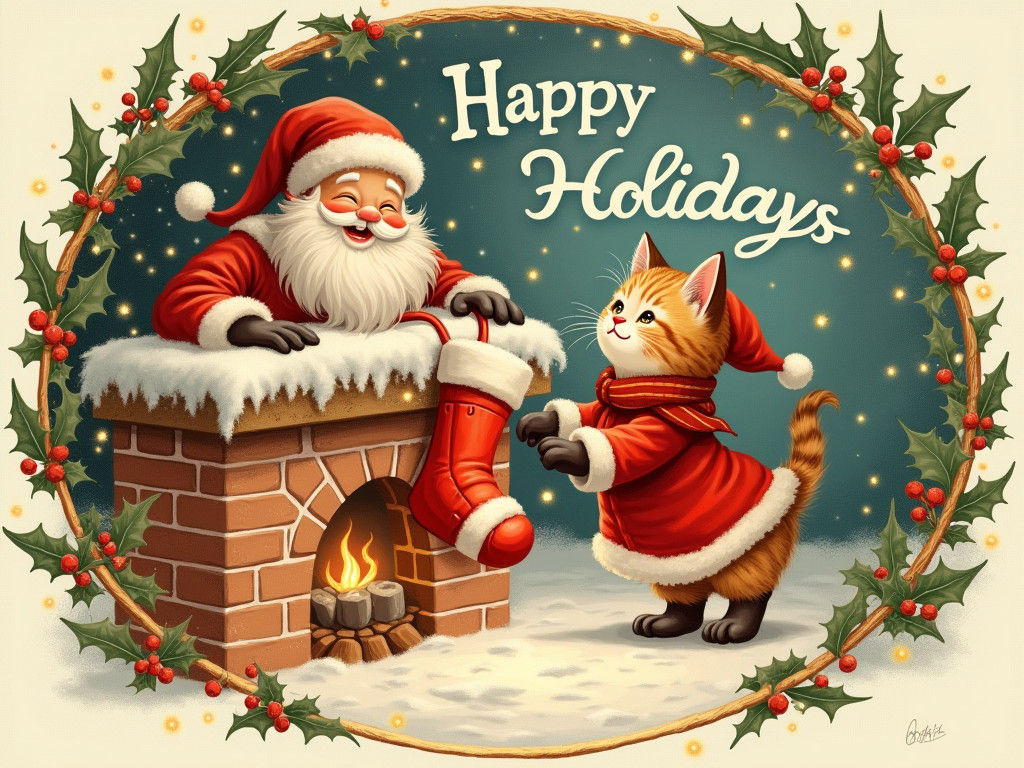 Festive Kitten Decorates for Christmas, Classic Illustration