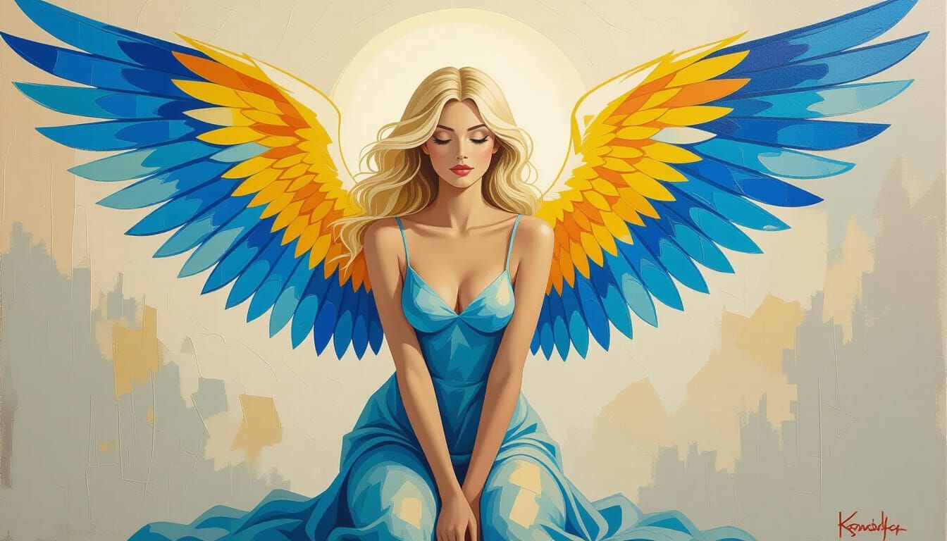 Angelic Figure in Vibrant Blue and Yellow Impasto Painting