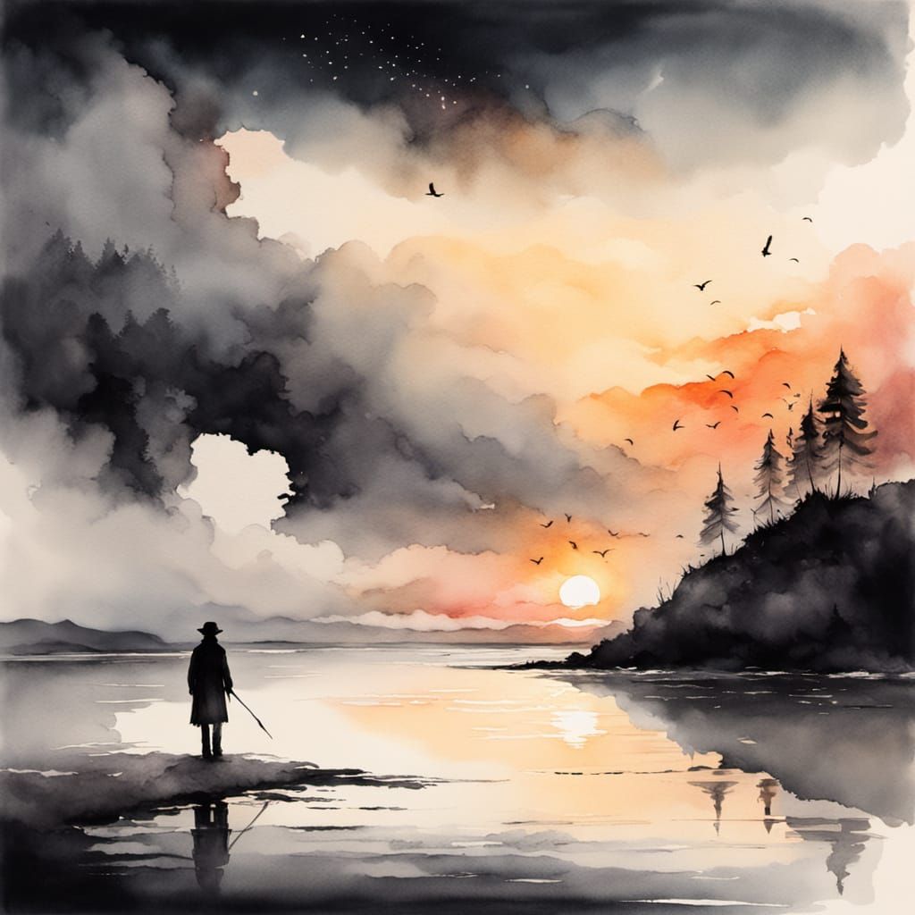 Ethereal Figure on Desolate Shore as Ink Wash