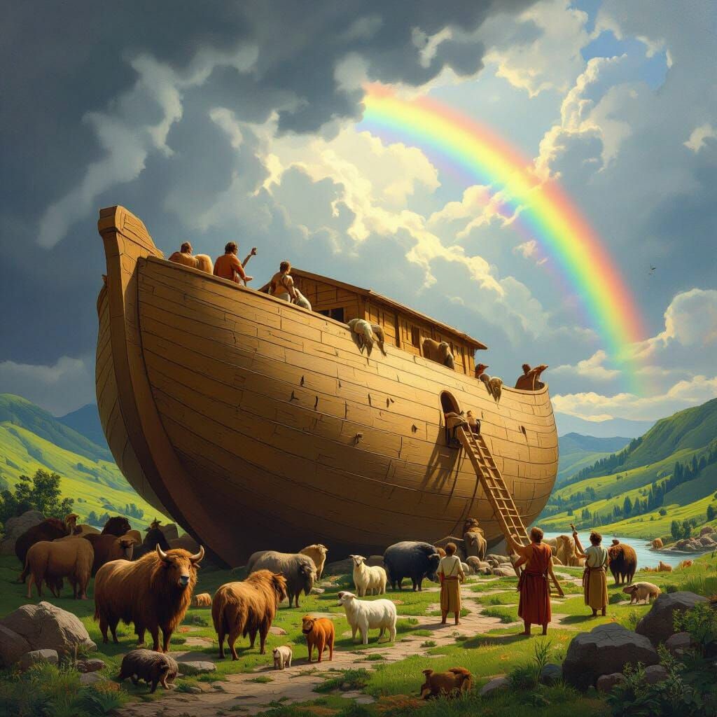 Noah Builds Ark With Animals and Sons, Epic Scale