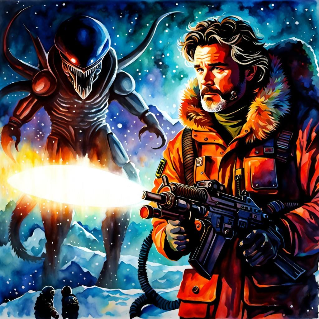 Kurt Russell vs. Xenomorph: Watercolor Arctic Battle