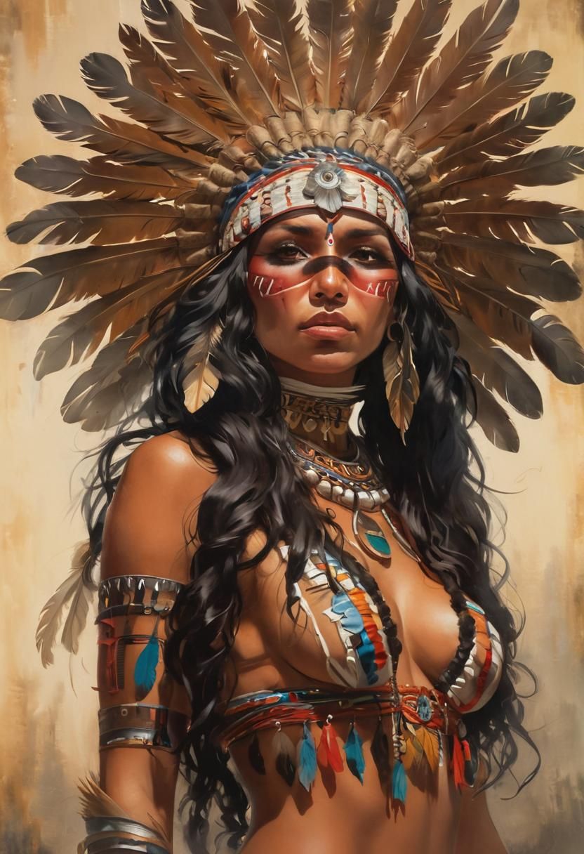 Native American Woman Portrait in Gouache Style