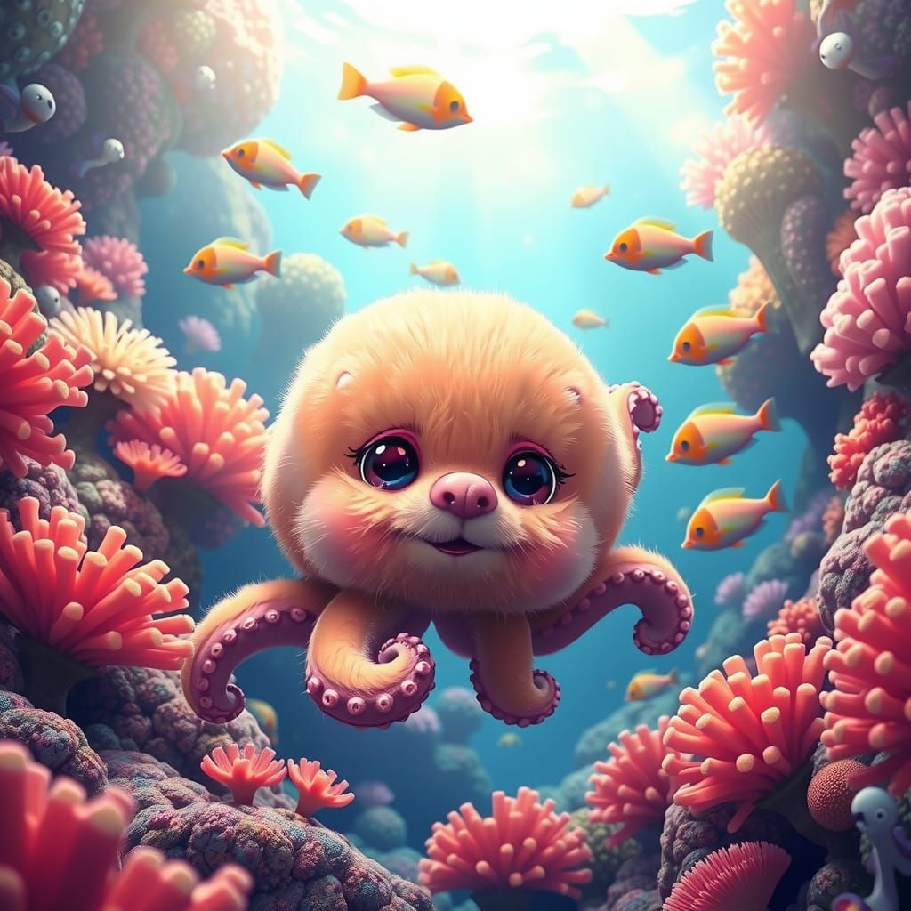 Fluffy Octopus Puppy in Vibrant Coral Reef