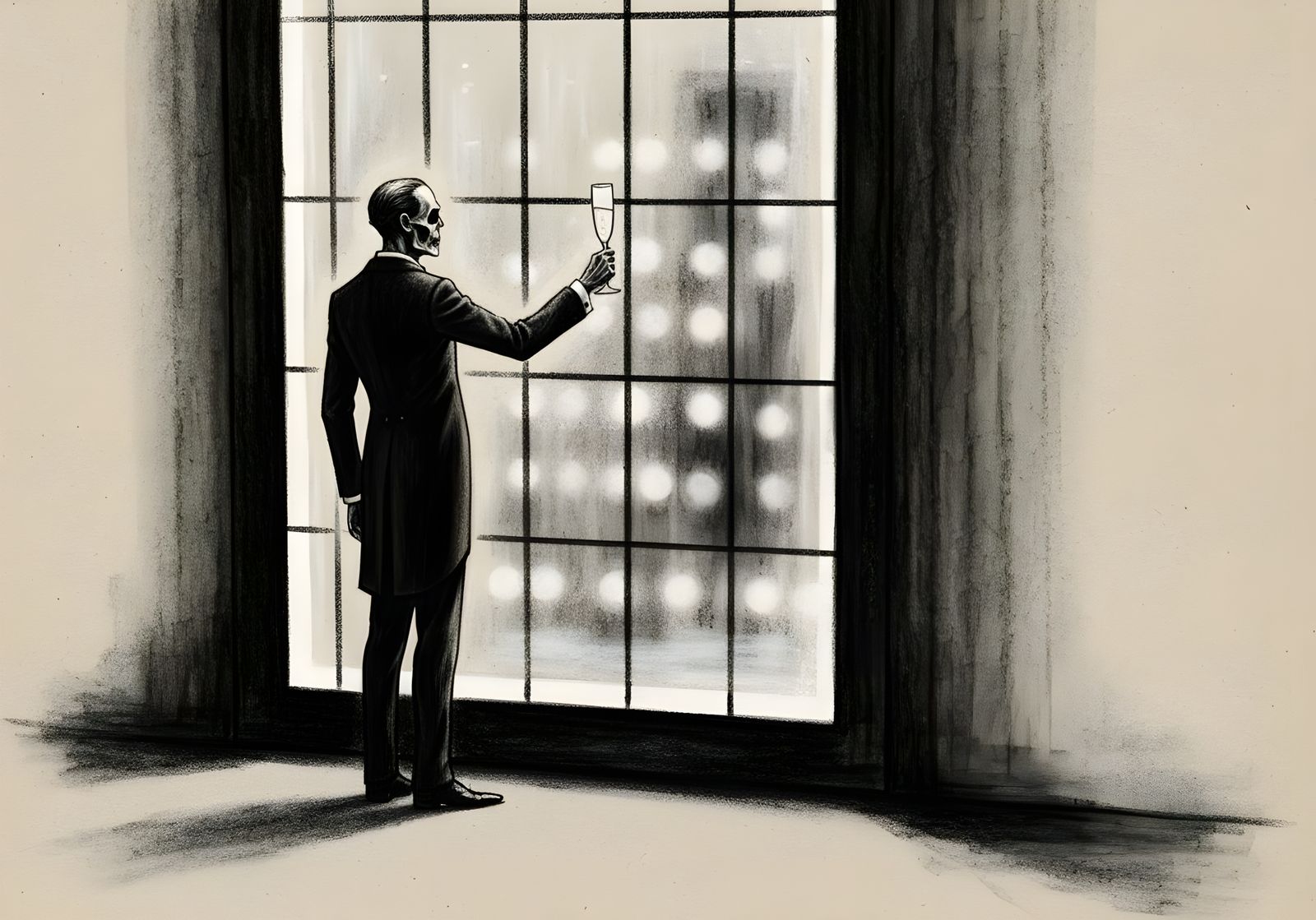 Melancholic Zombie's Solitary Toast in Charcoal Sketch