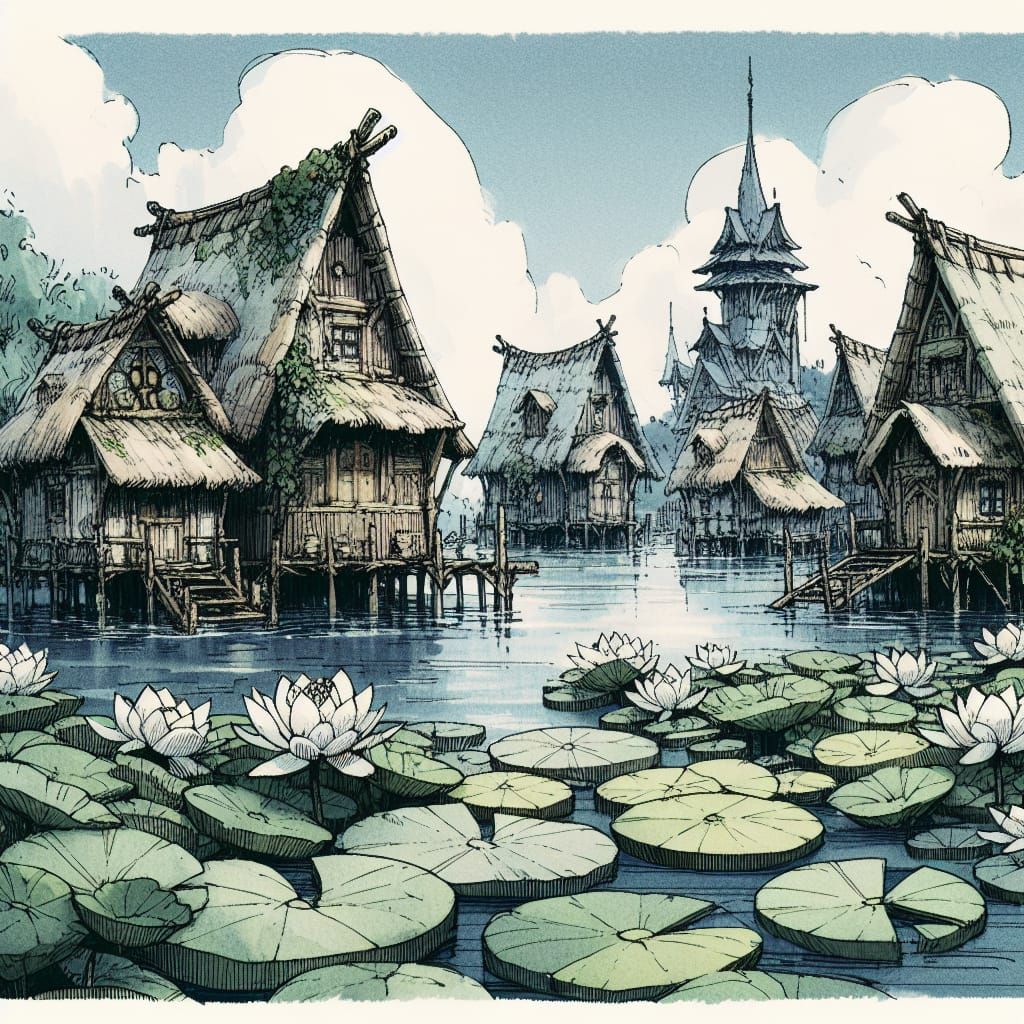 Fantasy Fishing Village on Giant Lily Pads