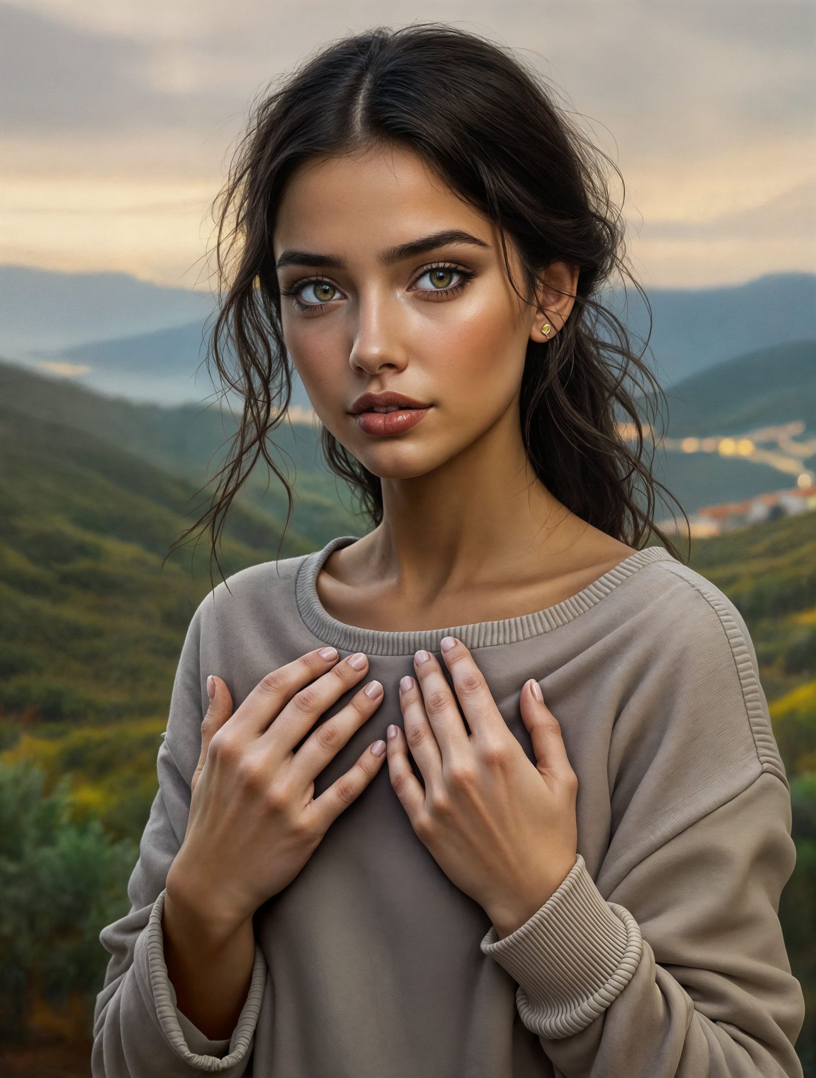 Romani Beauty Transforms into Fabric in Surreal Oil Painting