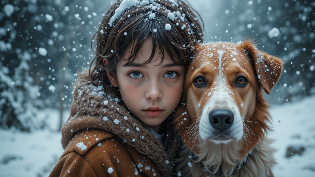 Girl and Her Faithful Dog in Winter Wonderland