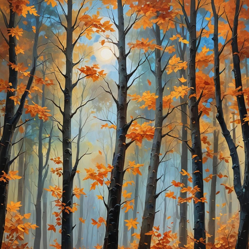 Autumn Leaves Falling: Impressionist Oil Painting