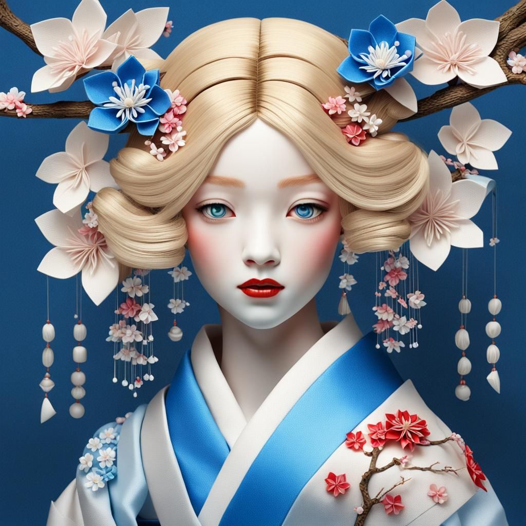 Japanese Girl with Cherry Blossom Kanzashi, Art Nouveau