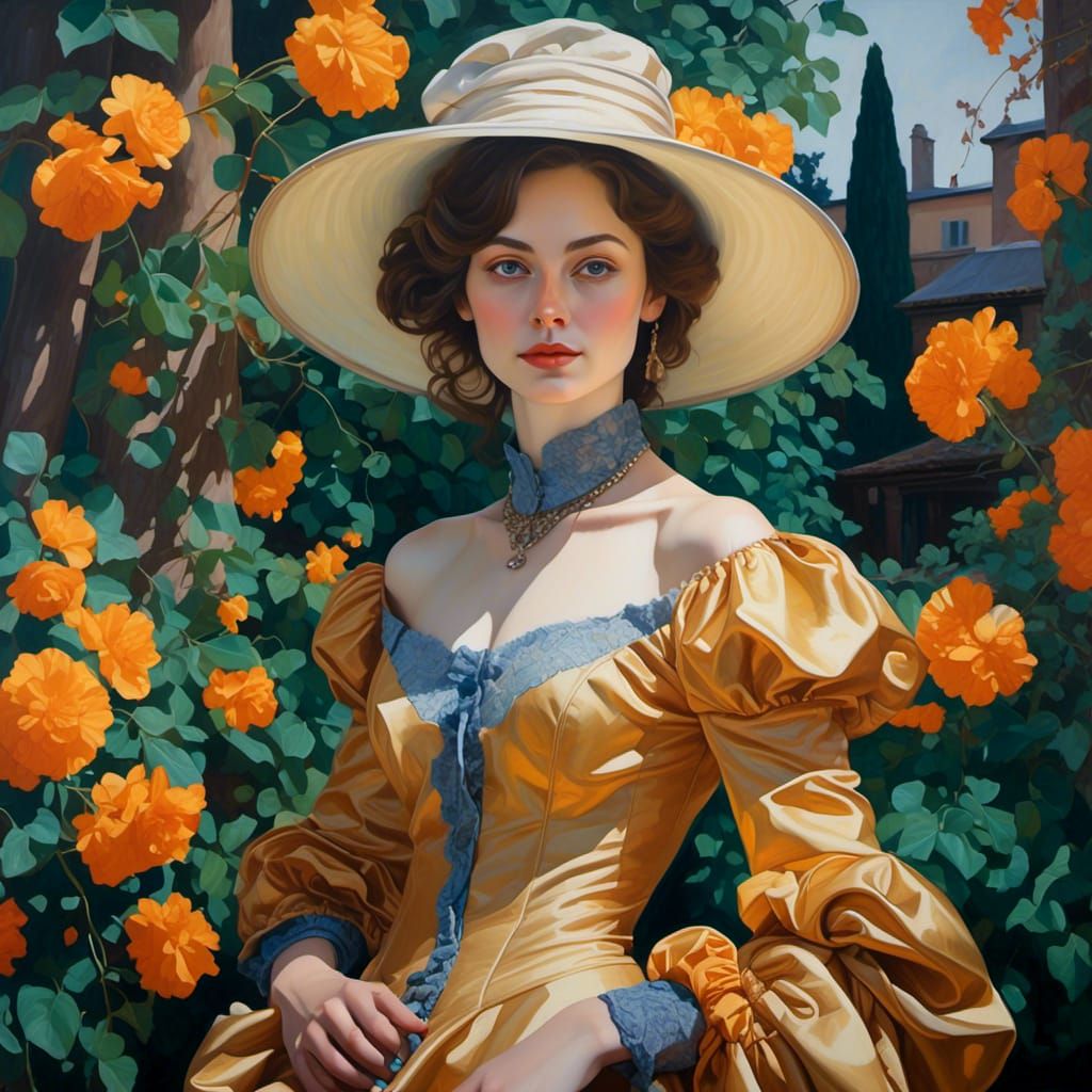 Victorian Woman in Garden: Baroque Art Deco Portrait