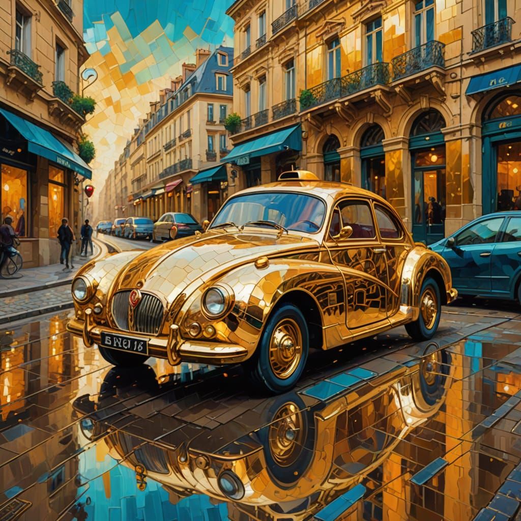 Golden Car in Steampunk Paris