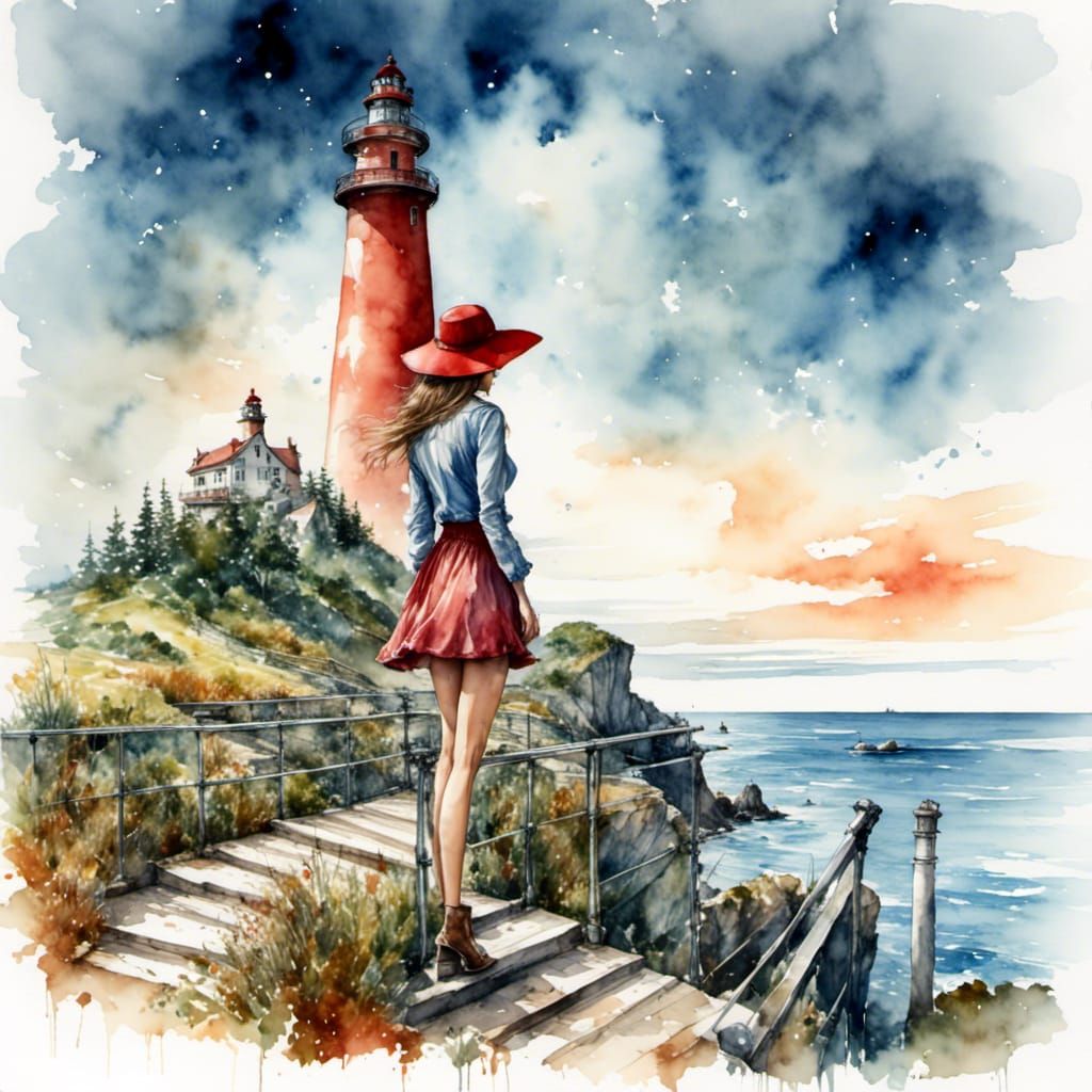 Woman on Lighthouse Platform in Watercolor Style