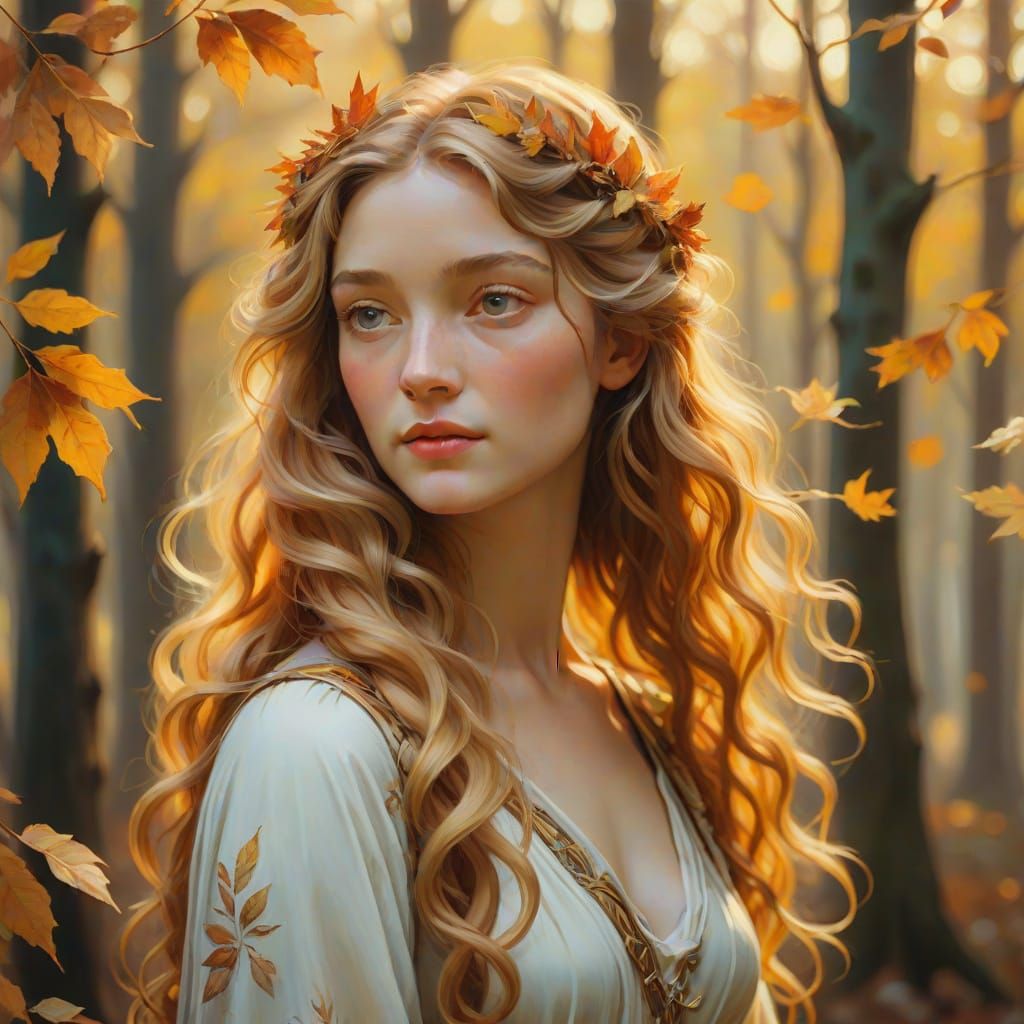 Autumn Goddess in Forest: Botticelli-Style Oil Painting