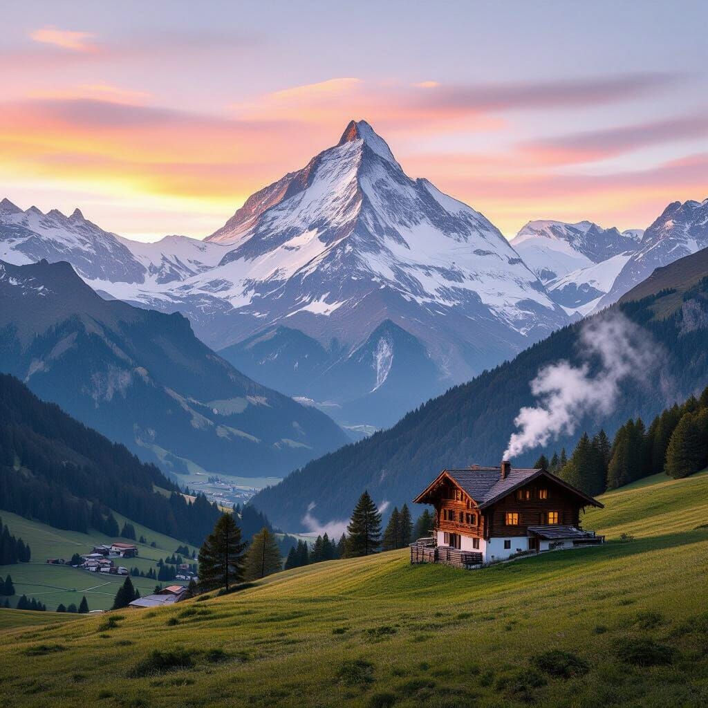 Golden Hour Swiss Alps Chalet Landscape