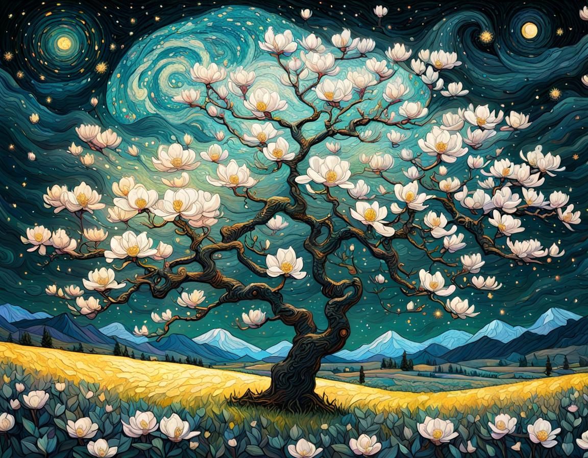 Blooming Magnolia Tree in Surreal Light Art Style