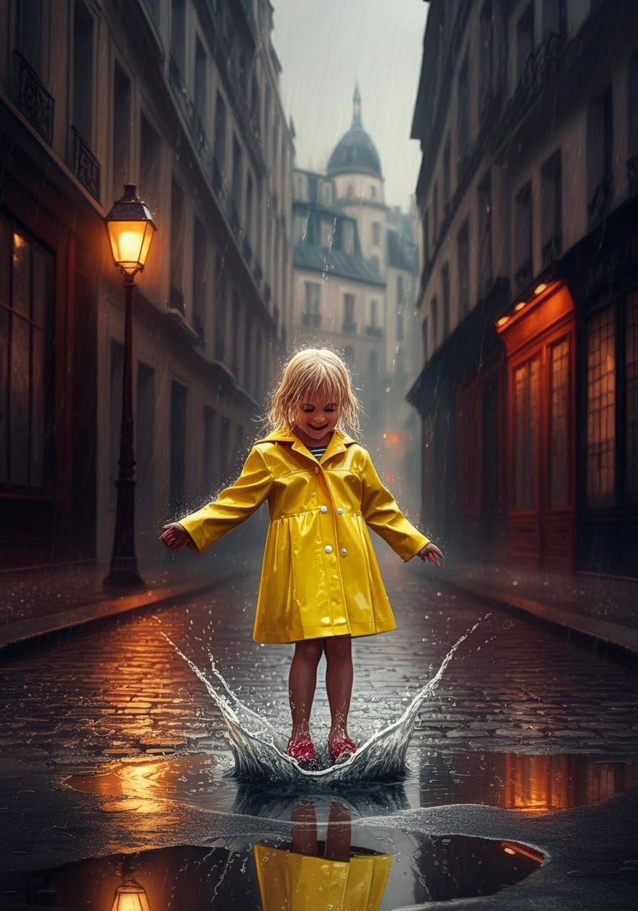 Blond Girl in Yellow Raincoat Splashing in Paris Puddle
