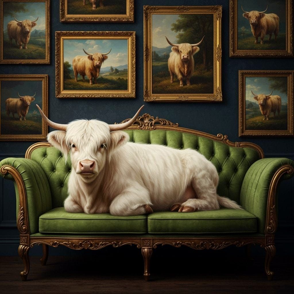 Whimsical Highland Cow Portrait on Velvet Settee