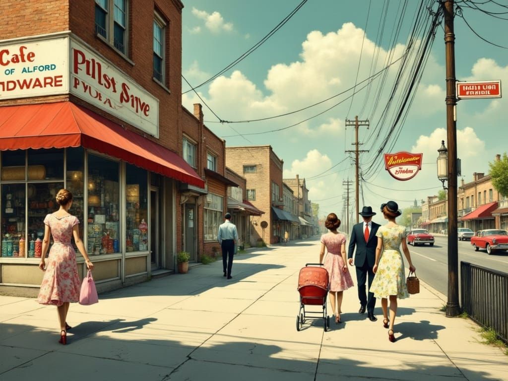 Vibrant Mid-20th Century Street Scene in Pop Surreal Style