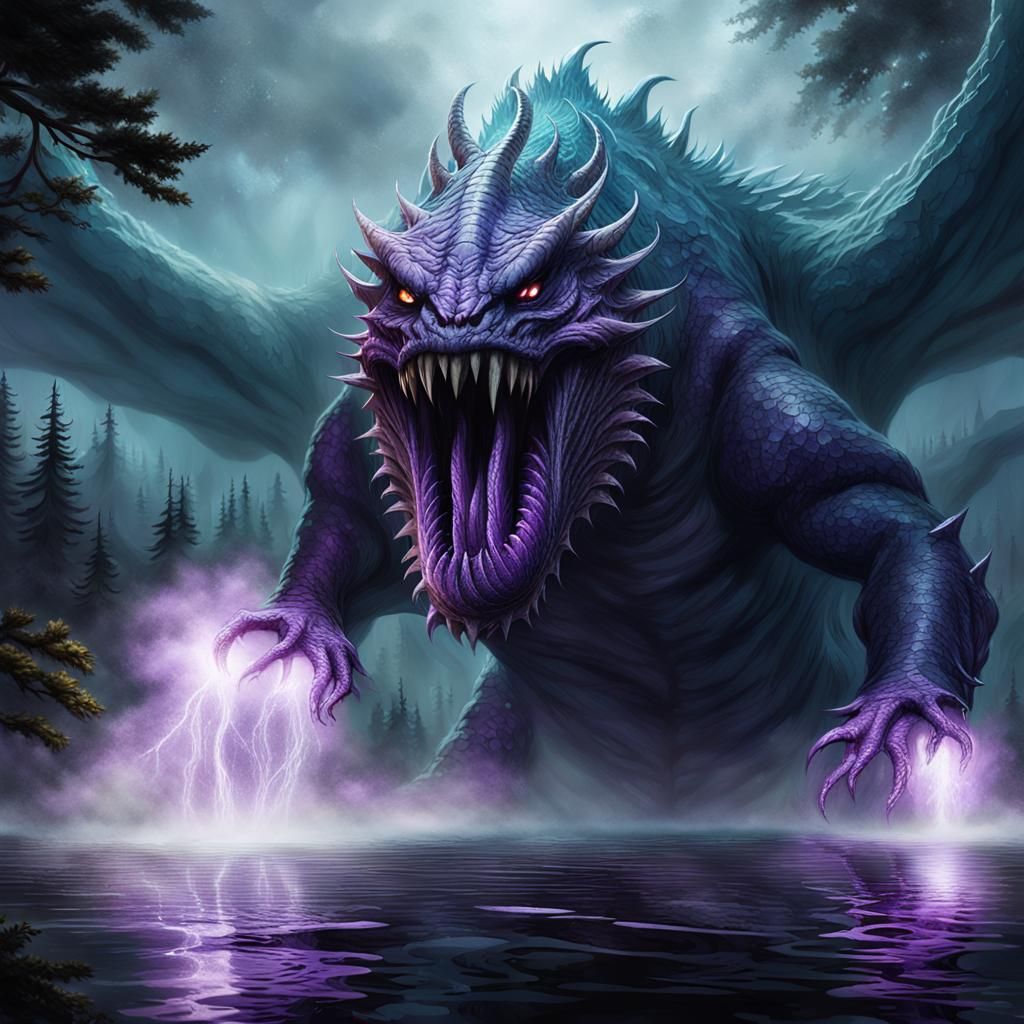 Sea Monster Emerges from Misty Lake in Dark Fantasy Art