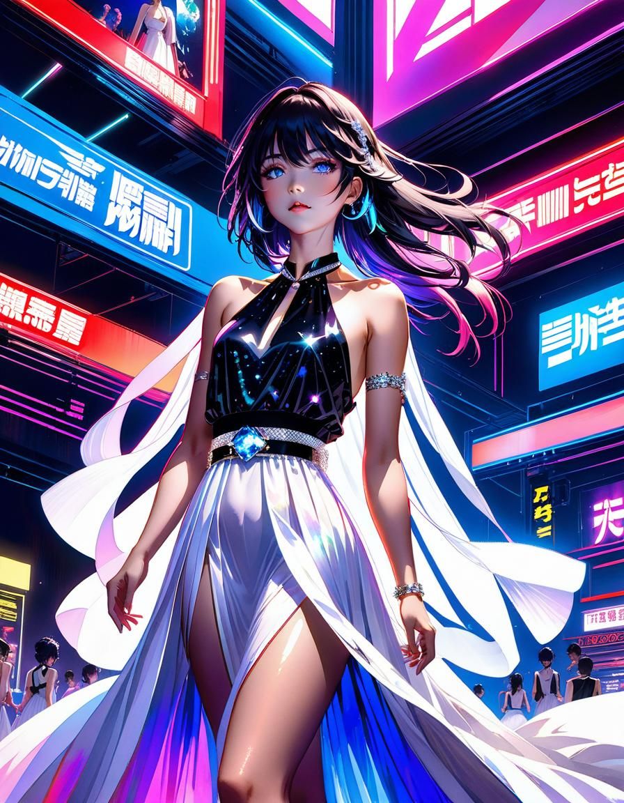 Neon Lit Figure in Flowing White Dress