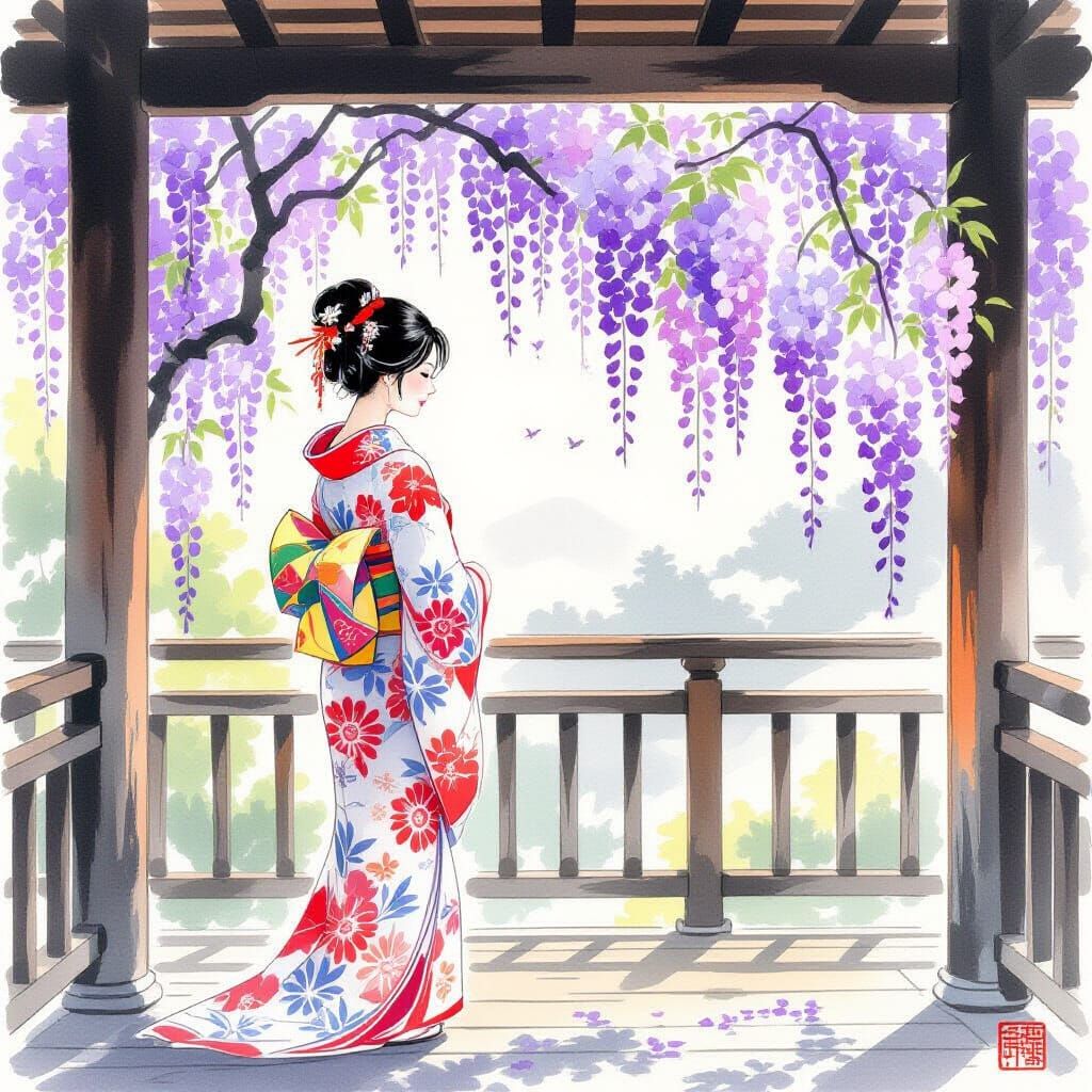 Woman in Kimono with Wisteria, in Ukiyo-e Style
