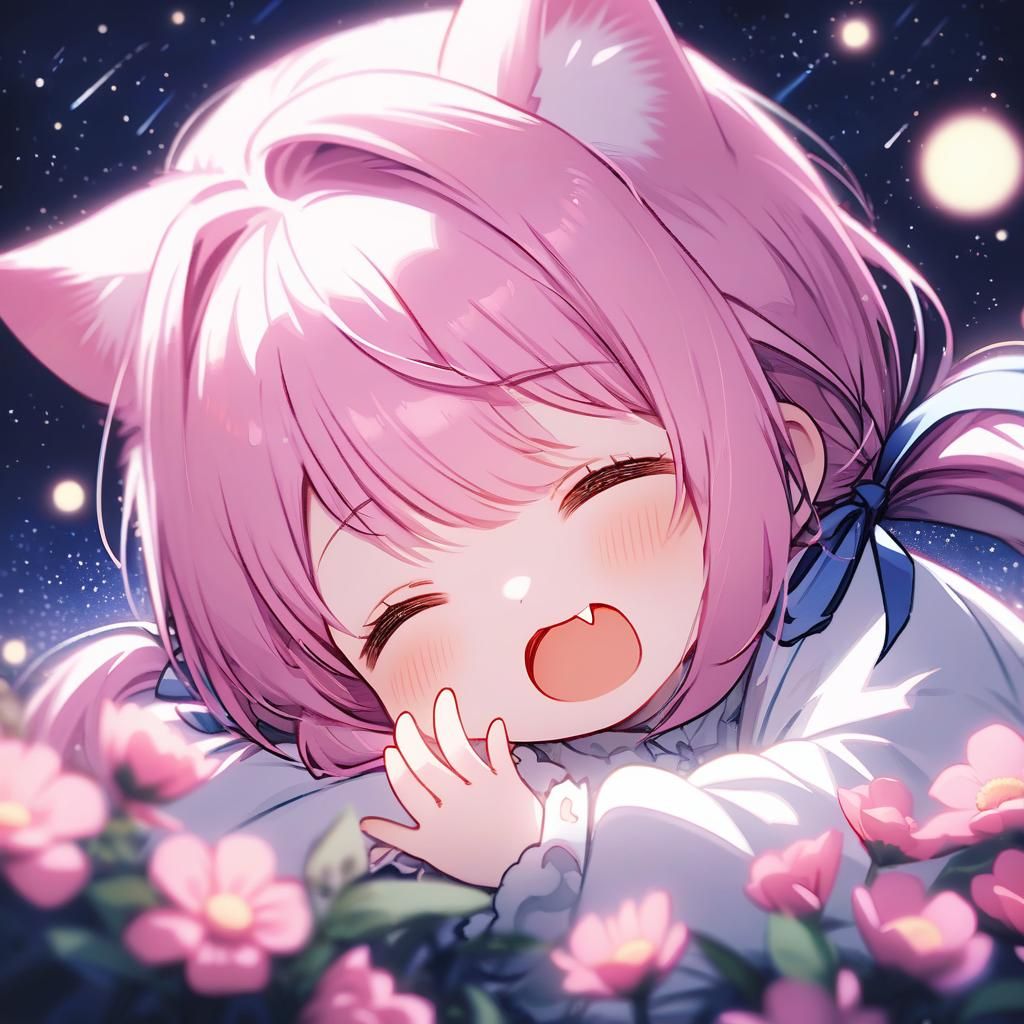 Adorable Chibi Catgirl Yawns in Flower Garden