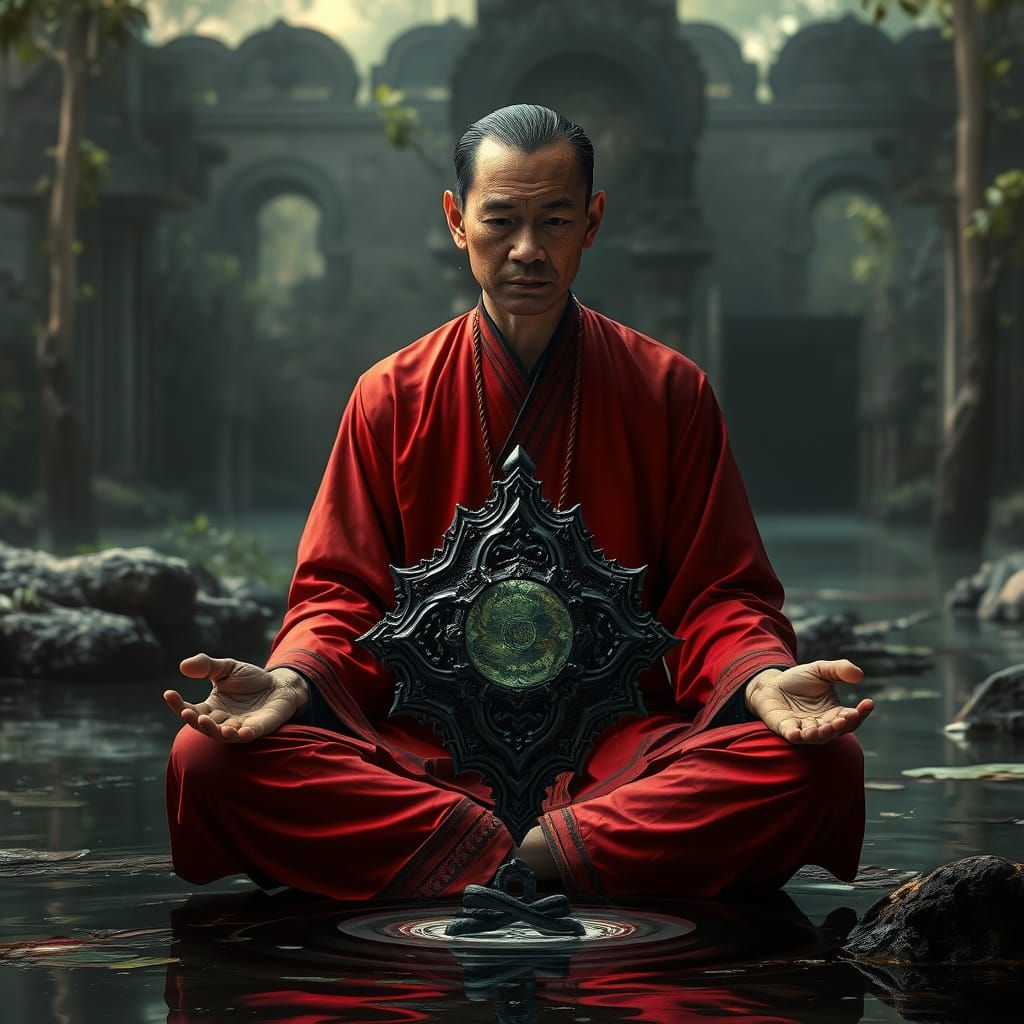Thai Man Meditating with Magical Artifact