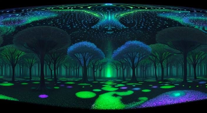 Surreal Bioluminescent Forest in a Digital Collage Aesthetic