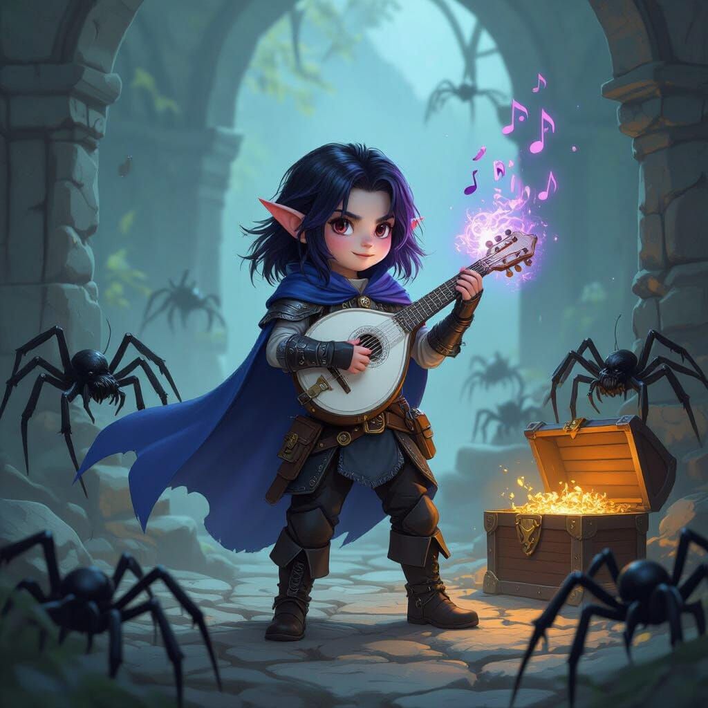 Halfling Bard's Spider Encounter in Fantasy Ruins