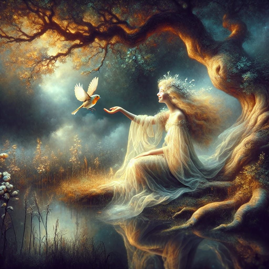 Ethereal Sprite in Mystical Forest Watercolor Scene