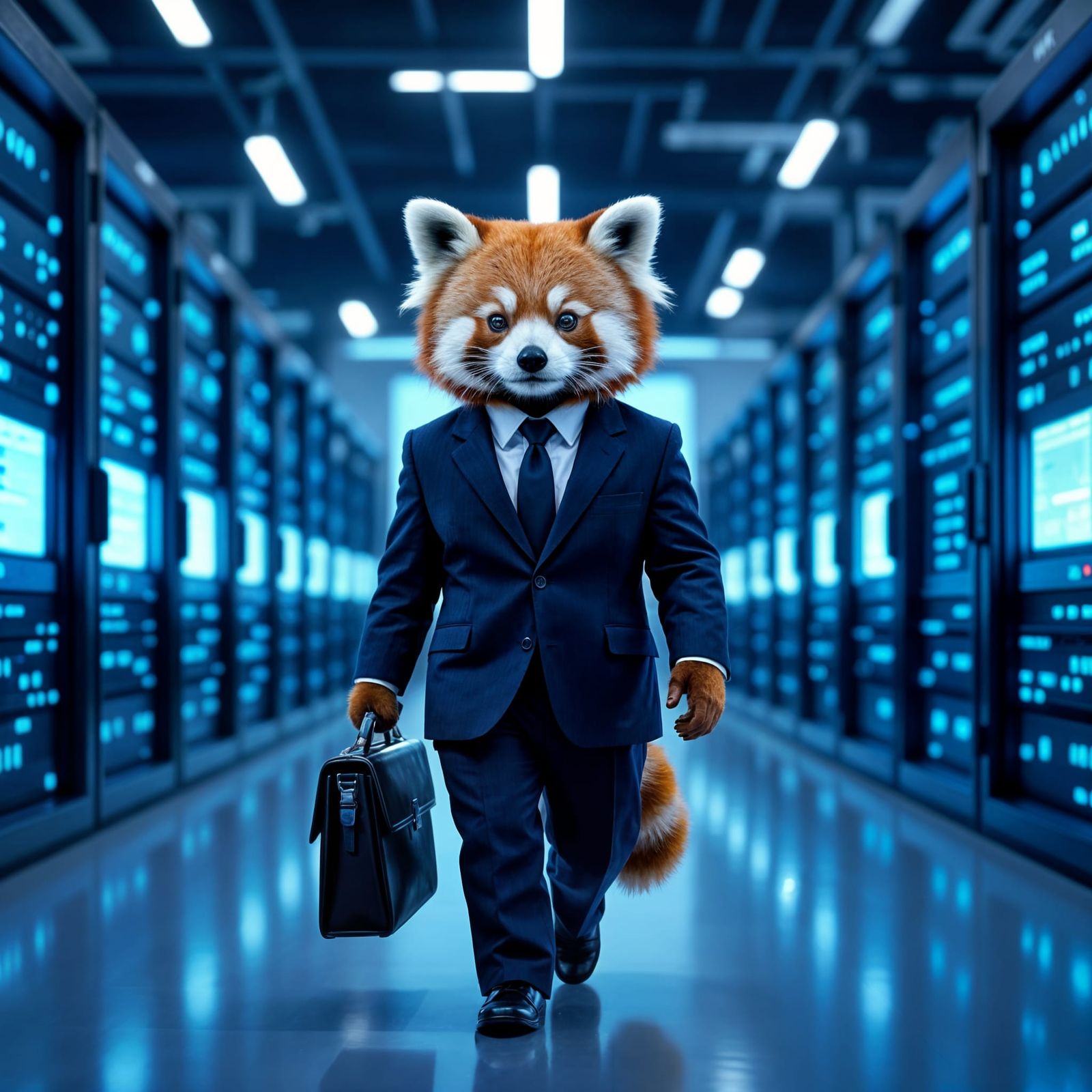Red Panda Businessman in Futuristic Data Center