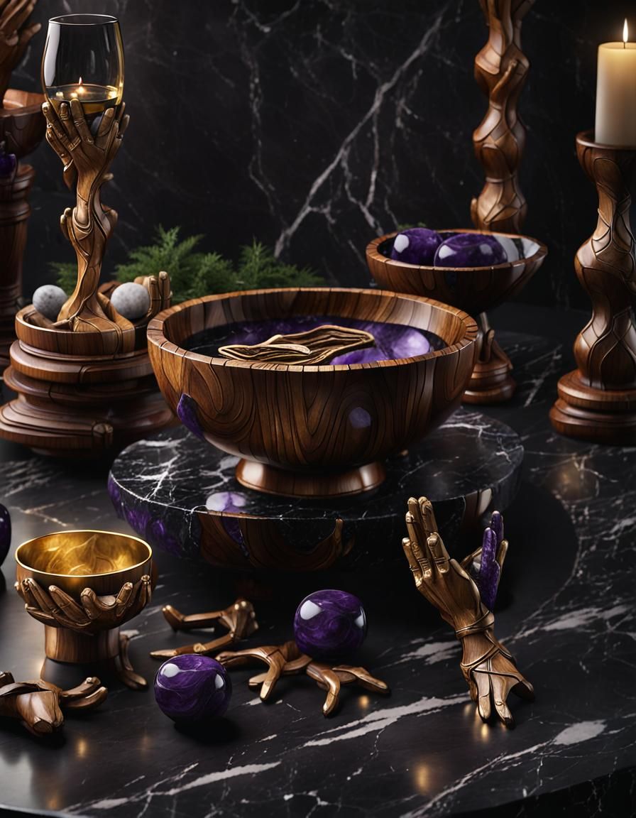 Dark Fantasy Wooden Bowl and Head Goblets
