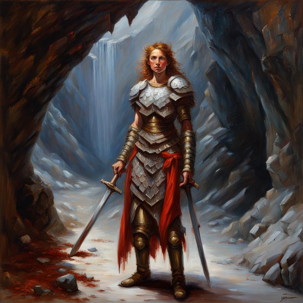 Female Warrior in Cavern, Rubens Style Oil Painting