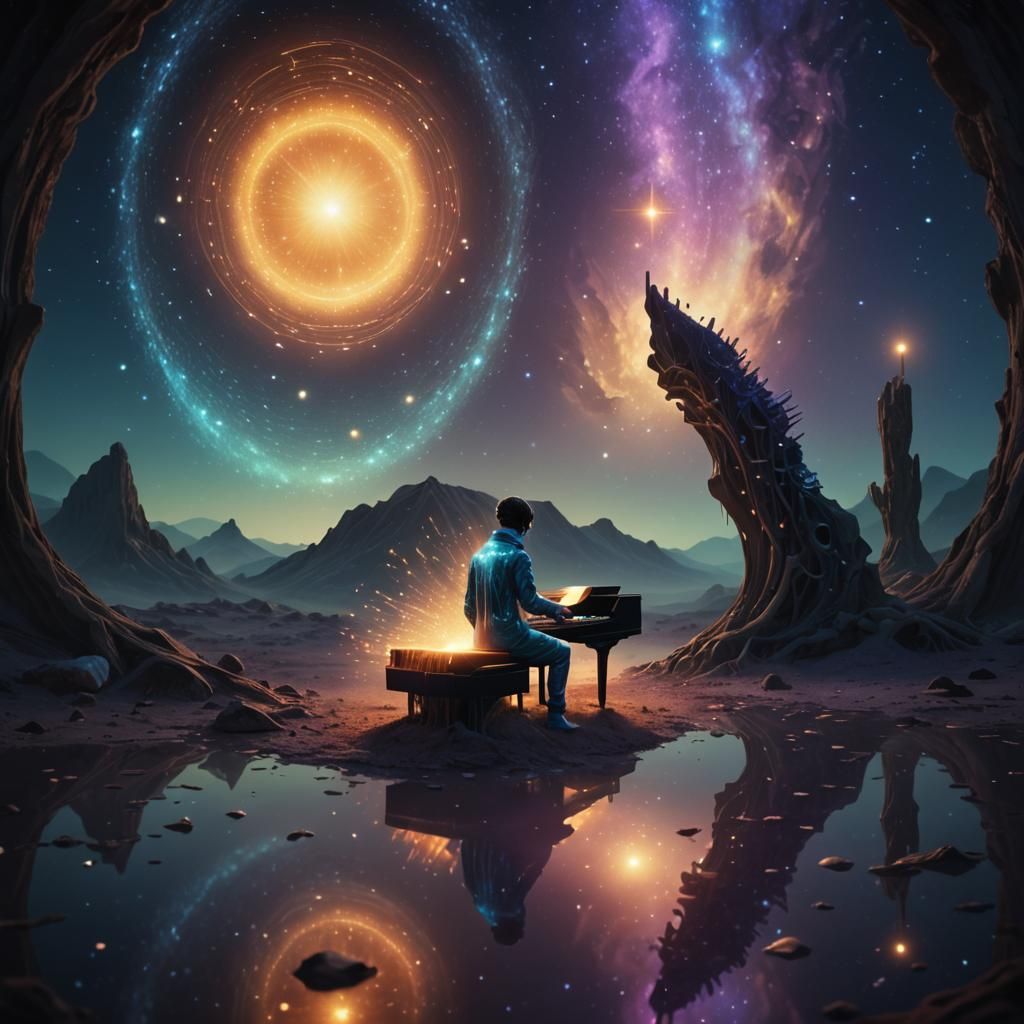 Cosmic Surrealism: Crystal Piano in Starry Sky