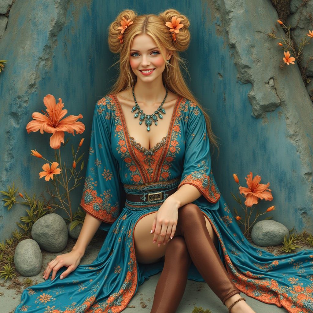 Elegant Woman with Flowers, Art Nouveau Style