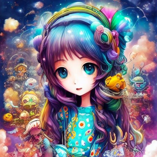 Gothic Kawaii Goddess in Vibrant Colors and Whimsical Detail...