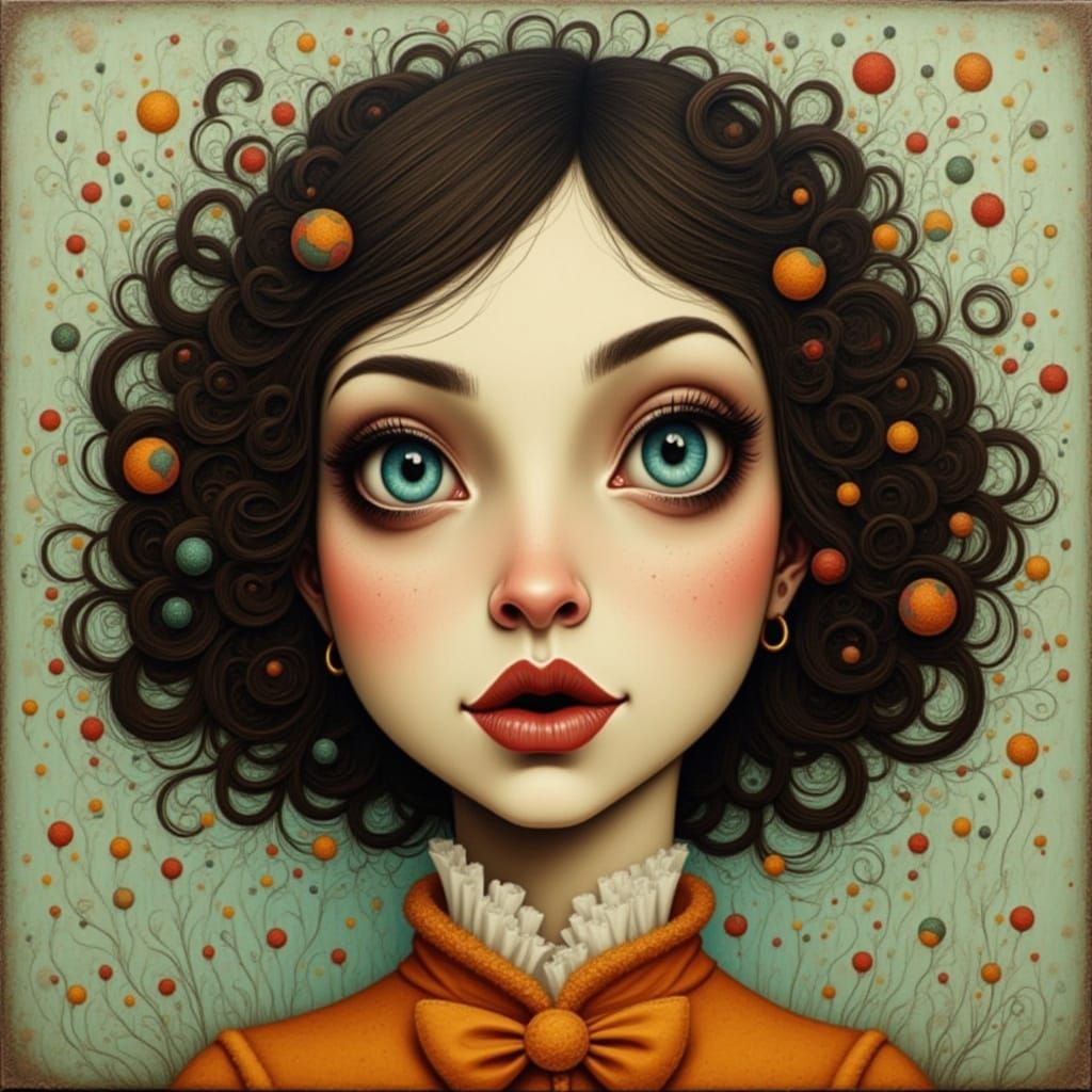 Portrait, oil on canvas, quirky romantic brunette woman with...